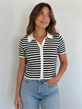 Dreamers by Debut Women’s Large Black Cream Striped Short Sleeve Cardigan